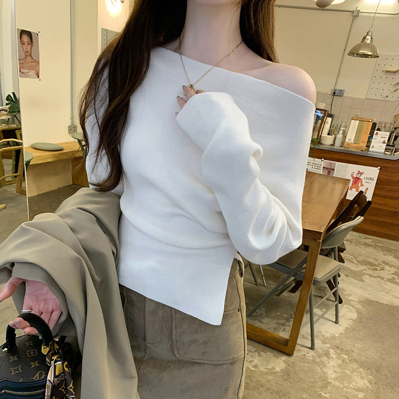 Off-shoulder Western Style Inner Wear Slim Knit Bottoming Shirt For Women