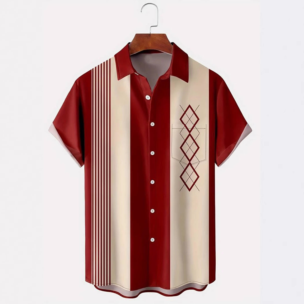 Men's Contrast Color Loose Short-sleeved Shirt Lapel