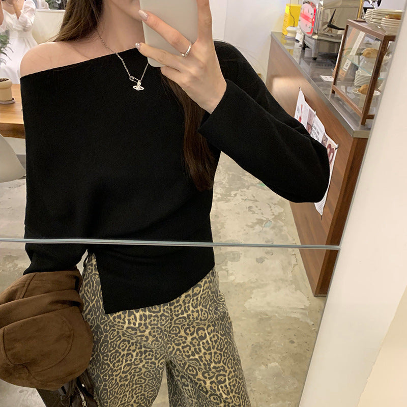 Off-shoulder Western Style Inner Wear Slim Knit Bottoming Shirt For Women